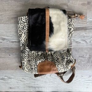 Myra Bag Women’s Western Upcycled Cancas And Cowhide Leather Backpack.